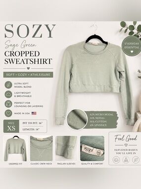 SOZY Soft and Cozy Sage Green Cropped Sweatshirt - Size XS